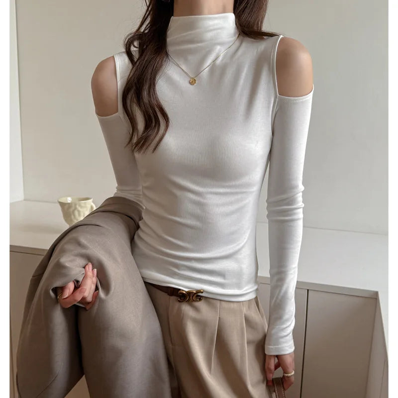 2025 TikTok Trendy Lyocell Top Women Long Sleeve Off Shoulder Sexy Semi-Turtleneck Y2K Elegant Casual Wear