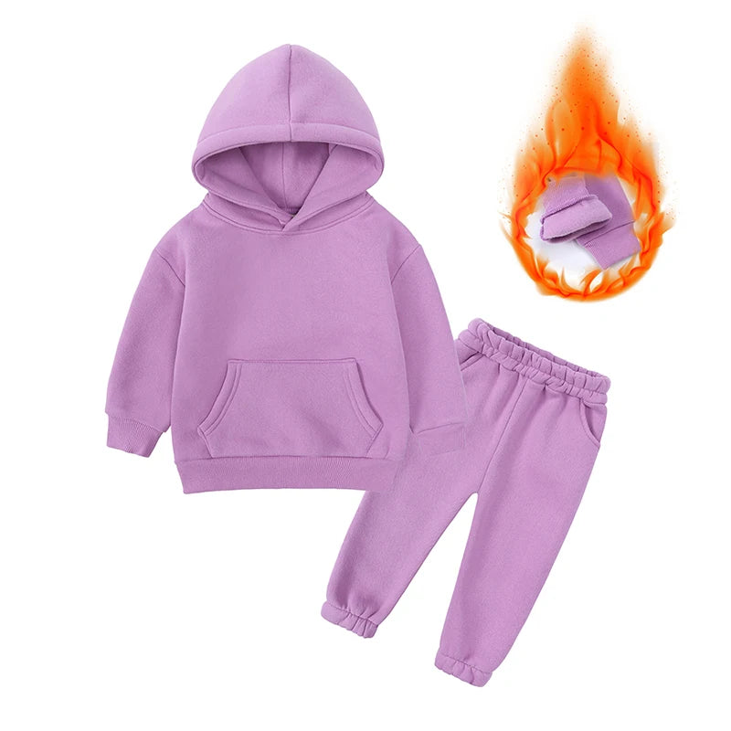 2026 Winter Children Fleece Outfits Toddler Warm Thicken Cotton Soild Hoodies+Pants Tracksuit Kids Boy Girl Sweatsuits Sets