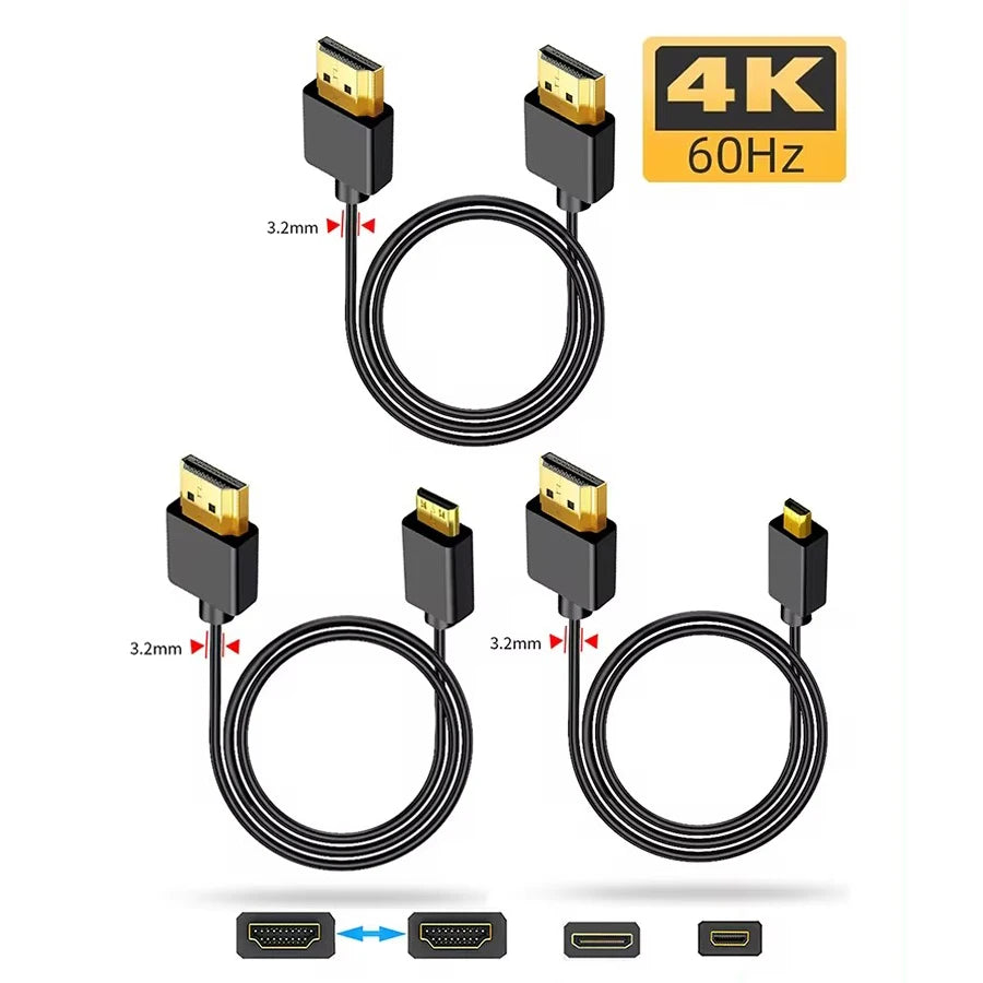 4K@60Hz 19+1 Core HD2.0 Cable Mini-HD/Micro-HD OD3.2 Ultra Thin Soft Cord for Laptop Camera Tablet Monitor HDTV