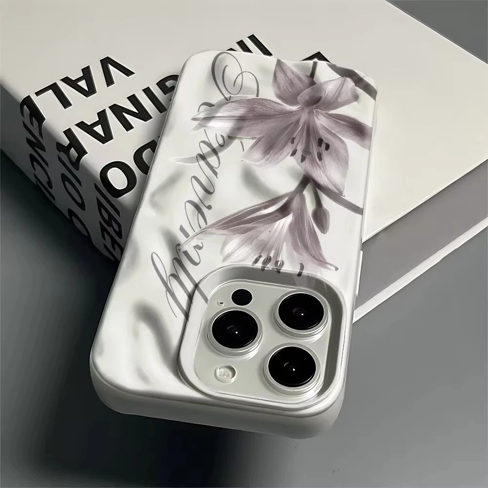 Gray Lily Floral Print Wave Texture Phone Case for iPhone 17 Pro Max 16 15 Plus 14 13 12 11 Shockproof Protective Cover