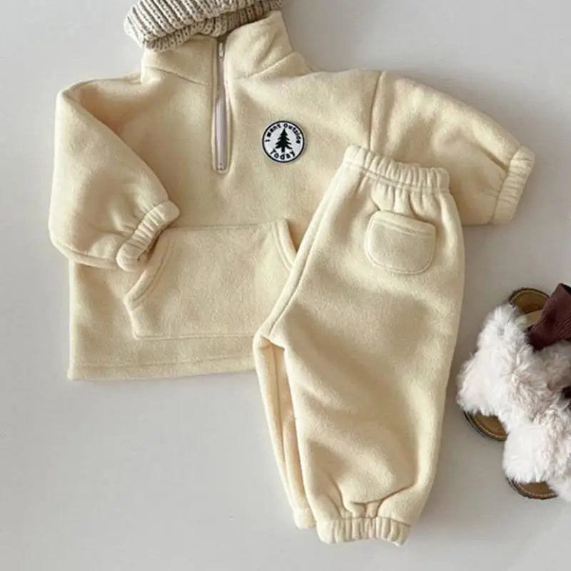 2025 Autumn Baby Boys Clothing Sets Children Thicken Plush Clothes Girls Solid Cotton High Collar Tops+ Pant 2 Pieces Suits