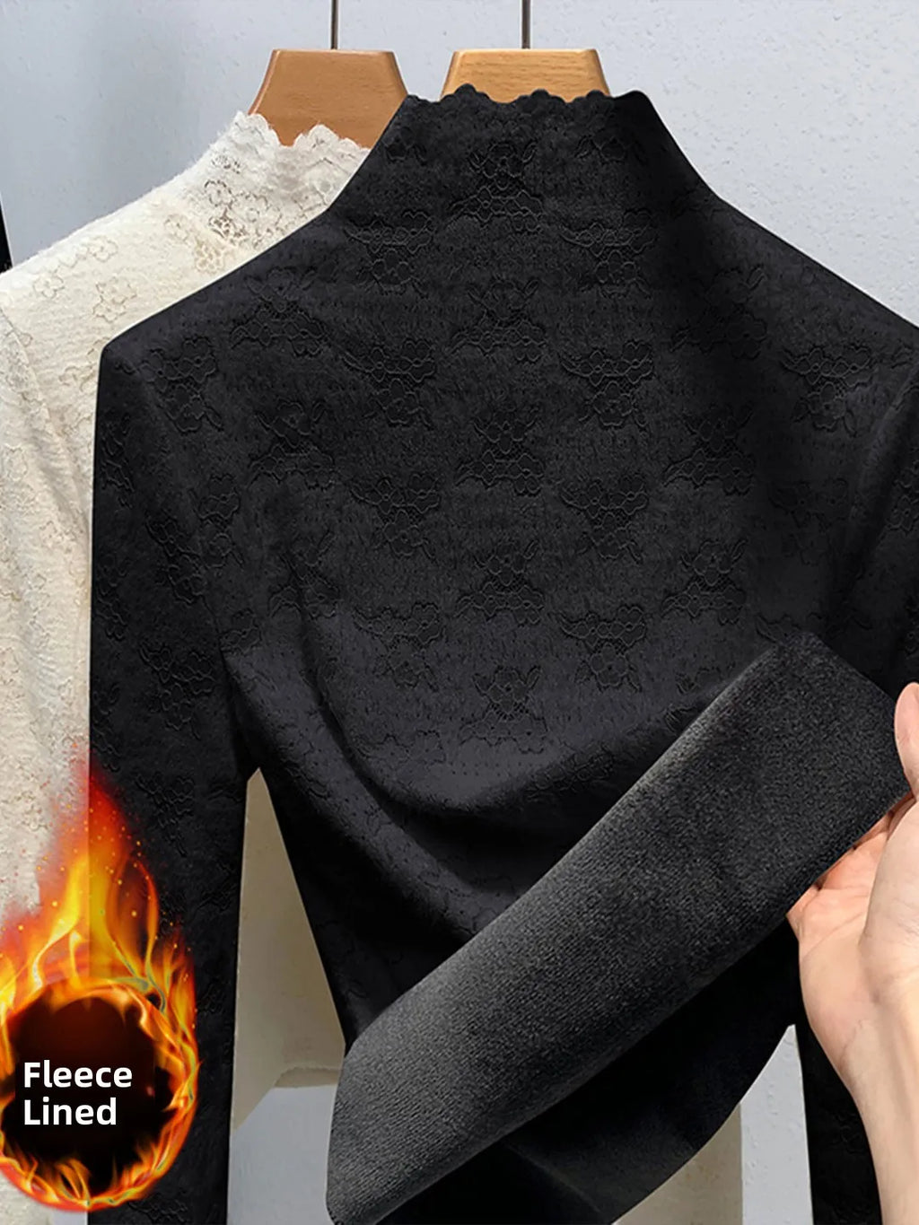 Thickened Half High Collar Fleece Lined Lace Base Shirt Women's High End Inner Wear Autumn Winter New Style Fashionable Top