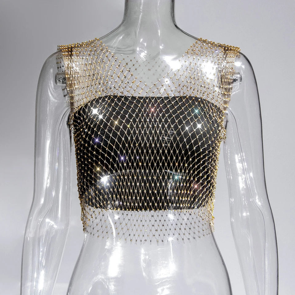 Women Sexy See Through Mesh Diamond Tank Tops Hollow Out Rhinestone Vest Beach Cover Up Crop Tops For Rave Festival Clubwear