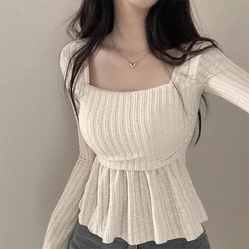 Chic Autumn Pure Desire Style Square Collar Pleated Slim Fit Bell Sleeve Knitted Top Women's Business Casual Fashion