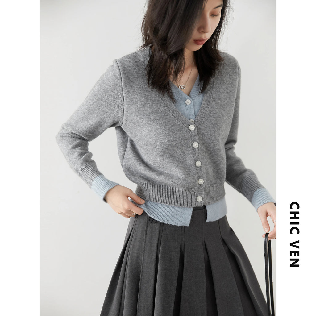 CHIC VEN Women Cardigan Casual V-neck Single Breasted Contrast Female Knitted Sweaters Long Sleeved Jumpers Spring Autumn