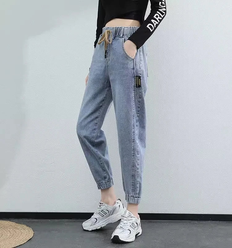 Harajuku Style Women's Jeans Elastic Waist High Waist Cotton Stretch Denim Light Color Pear Shape Body Loose Fit Long Pants