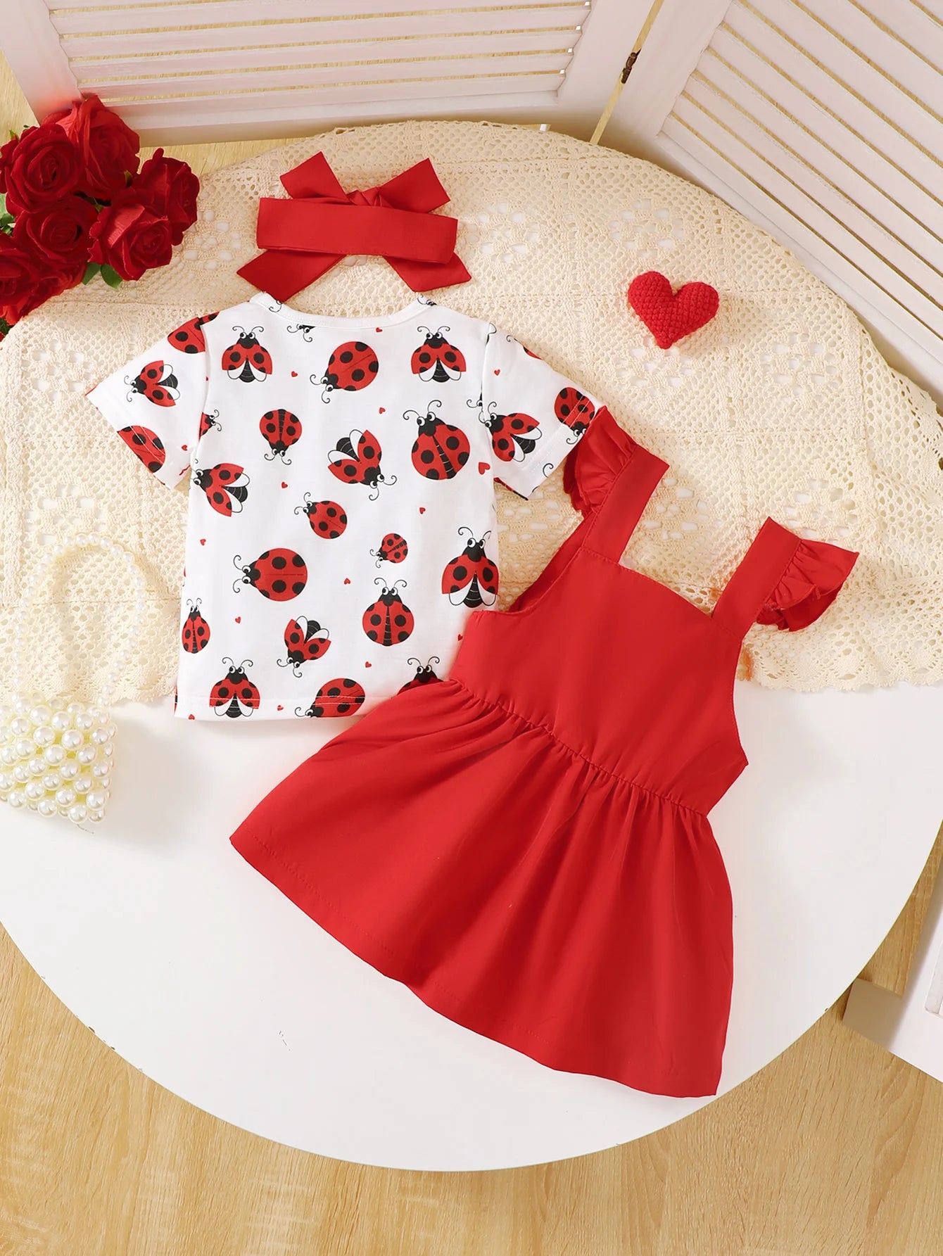 Baby Girl Ladybug Printed Outfit Set 3PCS Short Sleeve T-Shirt + Suspender Skirt+Headband for0-3Y Newborn Summer Casual Clothes