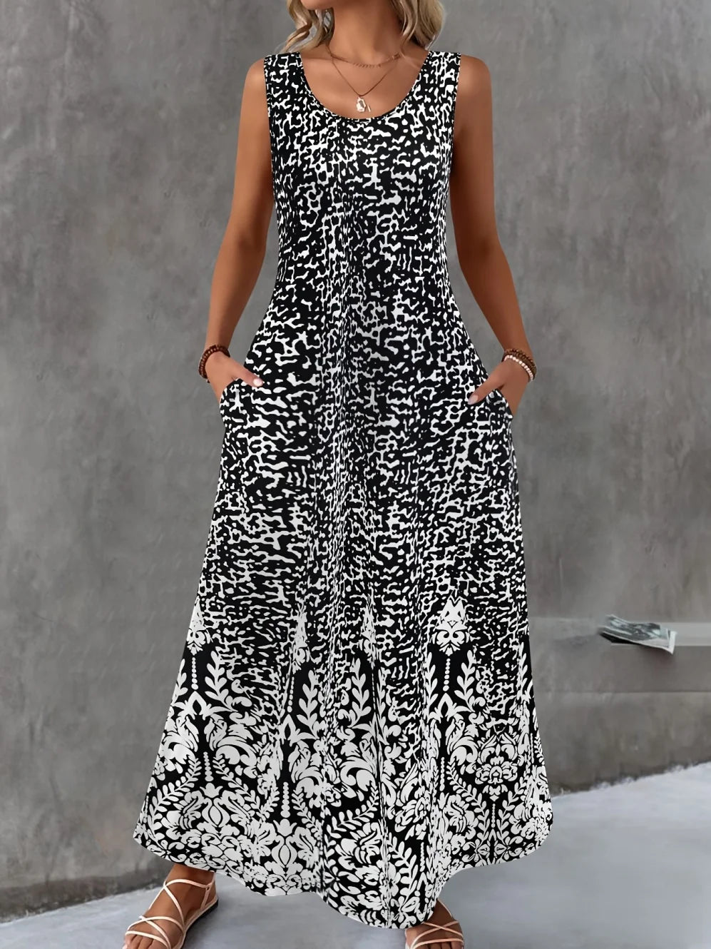 Women's Casual Dresses Summer Stylish Polka Dot Print Sleeveless Dress with Round Neck and Pockets Fashion Elegant Party Dresses