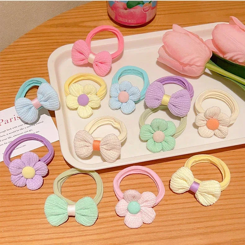 Cute Bow Tie Hair Rope Fashion Multicolor Flower Hairbands for Sweet Women Girls High Elastic Ponytail Hair Ring