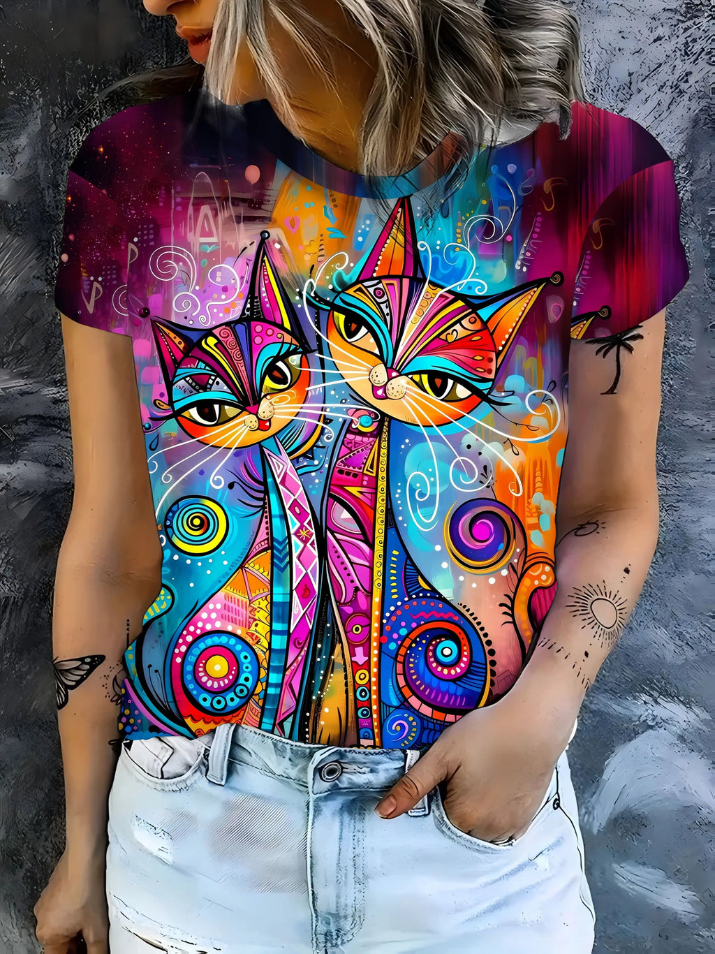 Vibrant Psychedelic Cat Women's Tee - Colorful Patterned Duo Graphic, Bold Boho Art Print Design for Casual Daily Wear