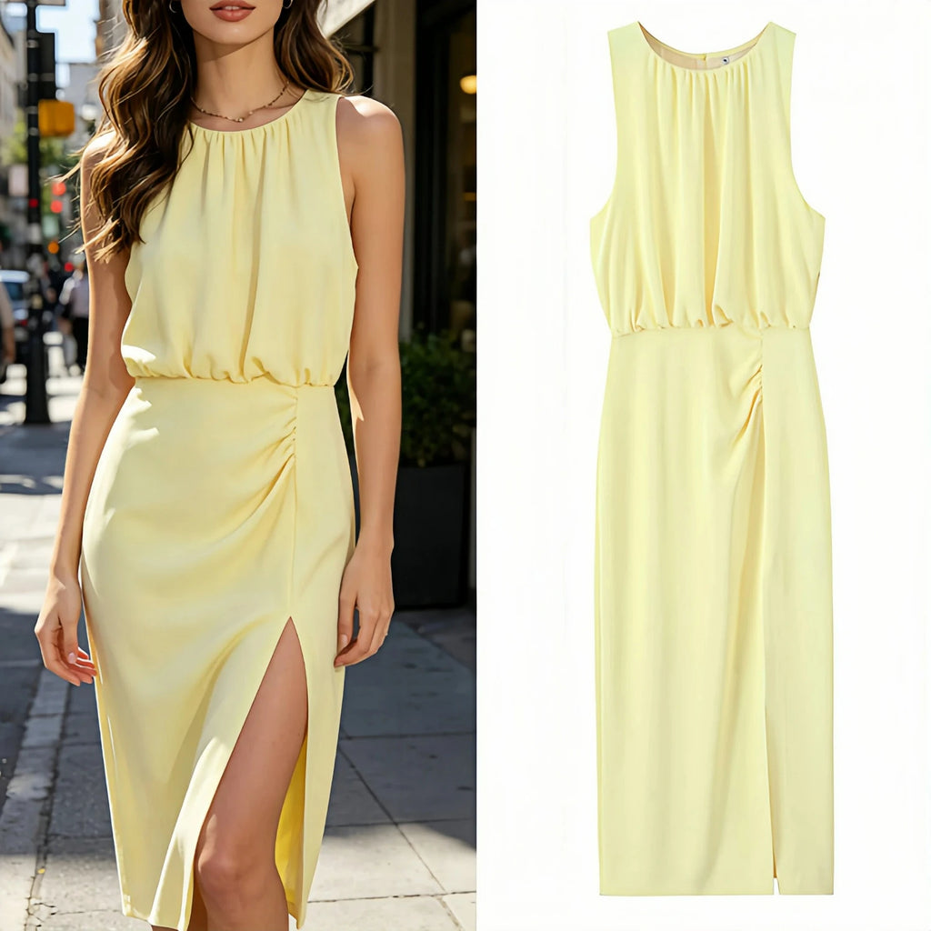 Ladies Solid O-Neck Midi Dress 2026 Summer Sleeveless Split Elegant Pleated Casual Vacation Dress New Fashion Lady Midi Dress