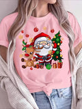 2025 Christmas Santa and Reindeer Print Crew Neck T-Shirt Harajuku Sleeve Women's T-shirt Clothing Street Tees Aesthetic Tops