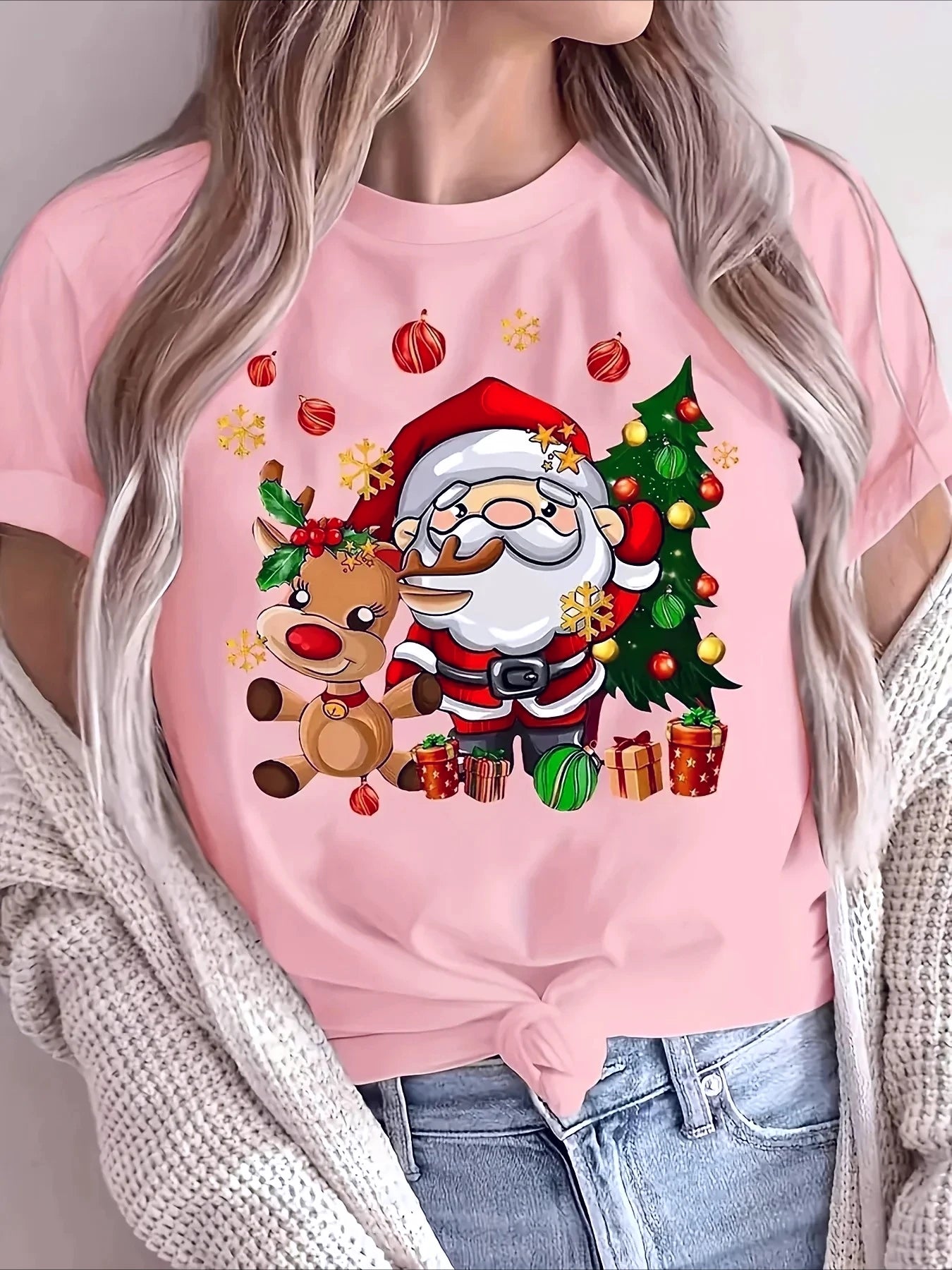 2025 Christmas Santa and Reindeer Print Crew Neck T-Shirt Harajuku Sleeve Women's T-shirt Clothing Street Tees Aesthetic Tops