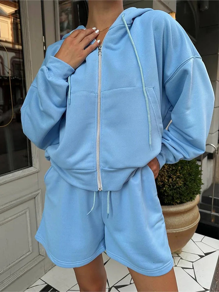 Women's Hooded Sweatshirt with Large Pockets And Shorts Two-Piece Fashionable Winter Set Long Sleeve Color Block Style