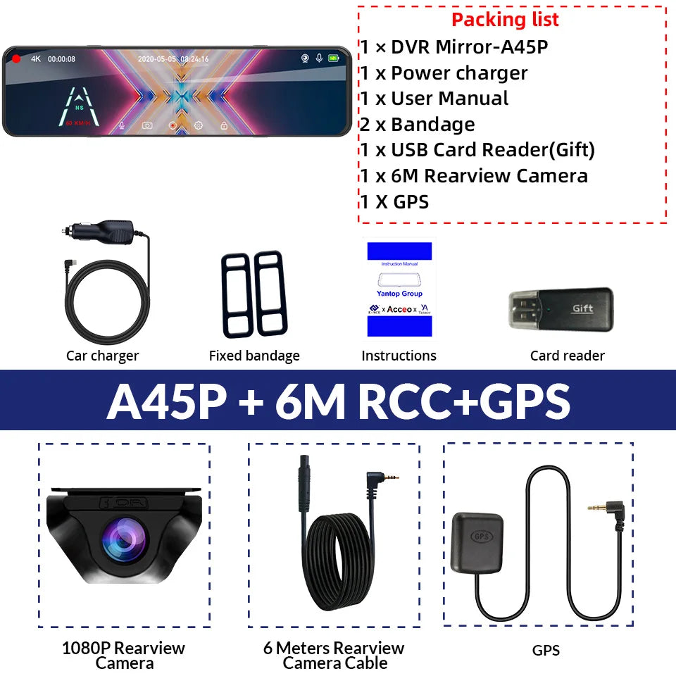E-ACE Car DVR 24H Touch GPS Night Vision Connect Phone 12 Inch Record Sound Rear Camera 4K Dash Cam Optional Dual-Lens Black Box
