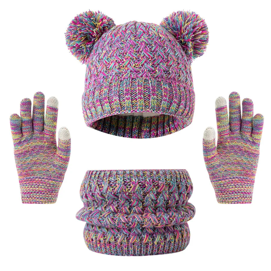 3pc knitted hats, scarves and gloves for children, suitable for children aged 3-12 to keep warm outdoors in winter.
