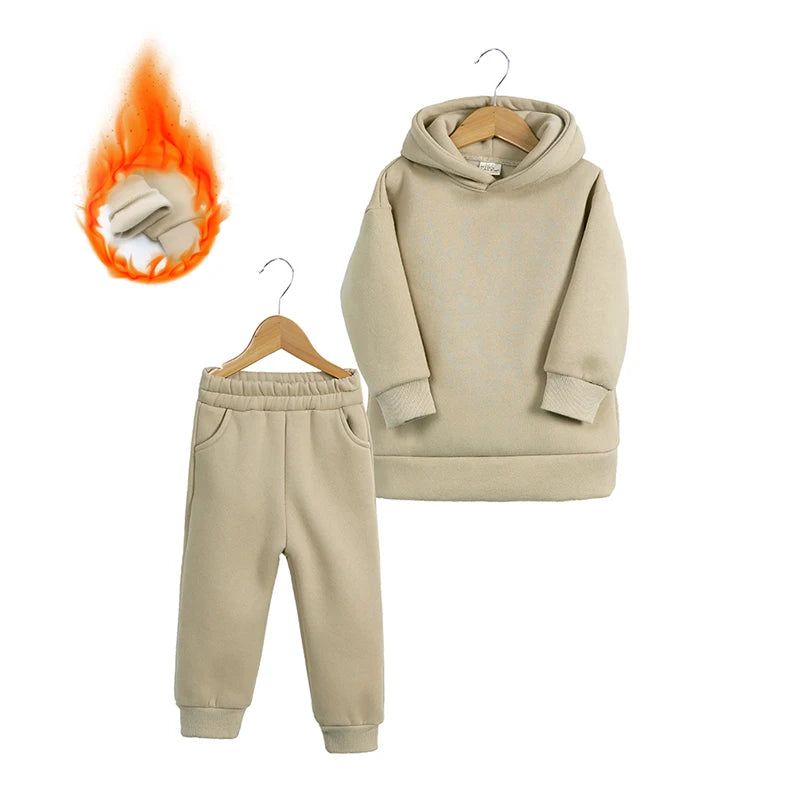 2026 Winter Children Fleece Outfits Toddler Warm Thicken Cotton Soild Hoodies+Pants Tracksuit Kids Boy Girl Sweatsuits Sets