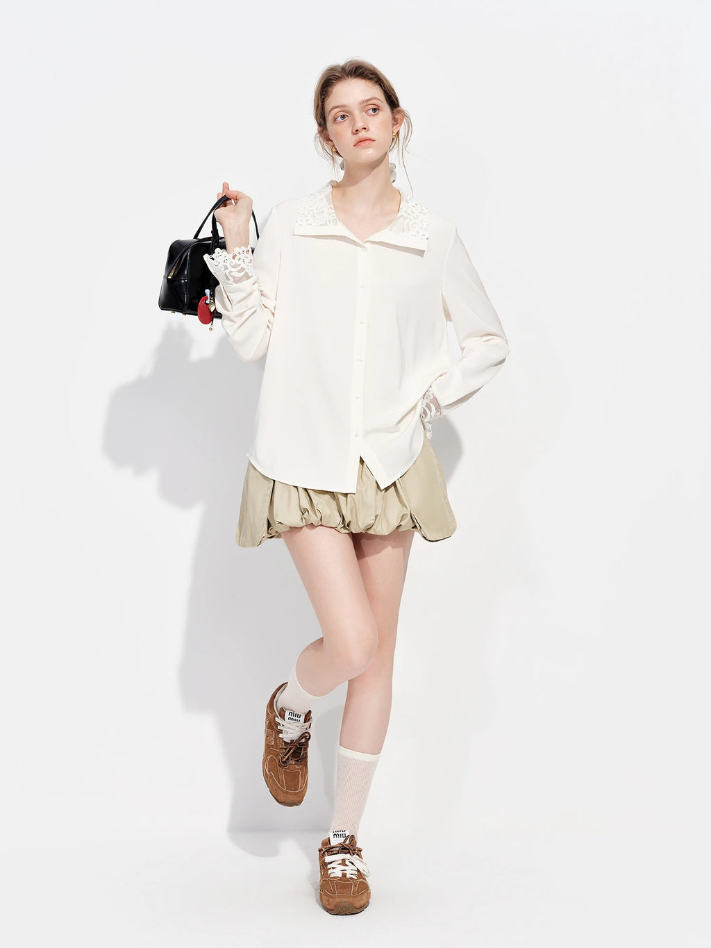 FSLE Satin Blouse for Women Suitable Commuting Straight Shoulders New Spring 2026 Style Lace Detailing Formal Occasions