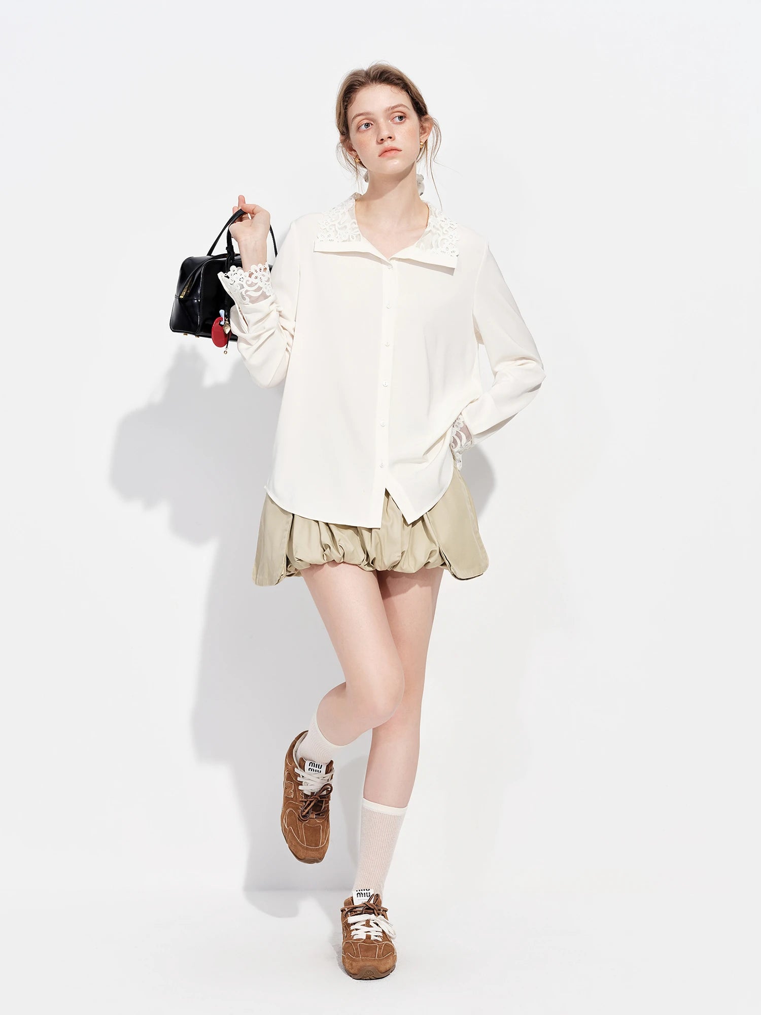 FSLE Satin Blouse for Women Suitable Commuting Straight Shoulders New Spring 2026 Style Lace Detailing Formal Occasions
