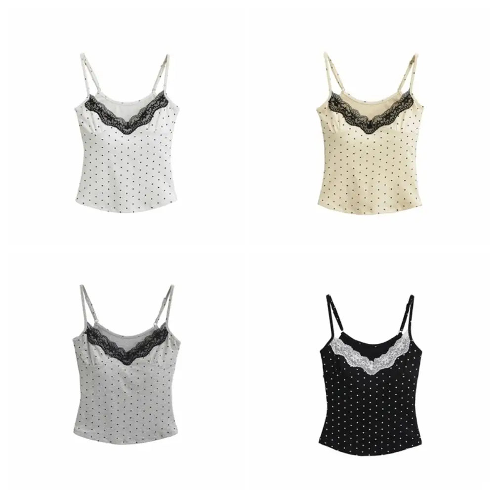 Lace Ruffled Dots Sling Vest Top Sleeveless Bottoming Shirt Camisole with Pads Tank Spicy Girl Style Y2K Slim Crop Top Summer