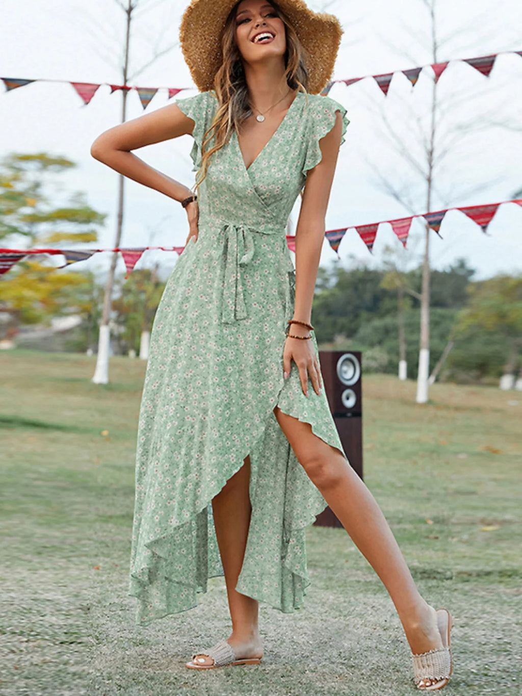 Bohemian Vacation Style Asymmetrical Short Sleeve Floral Cotton Silk Dress Waist Cinched  Wrap Long Skirt Summer