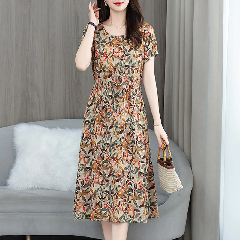 New Fashion 2025 Print Summer Dresses For Women Short Sleeve O-Neck Elegant Summer Dress Woman Clothing