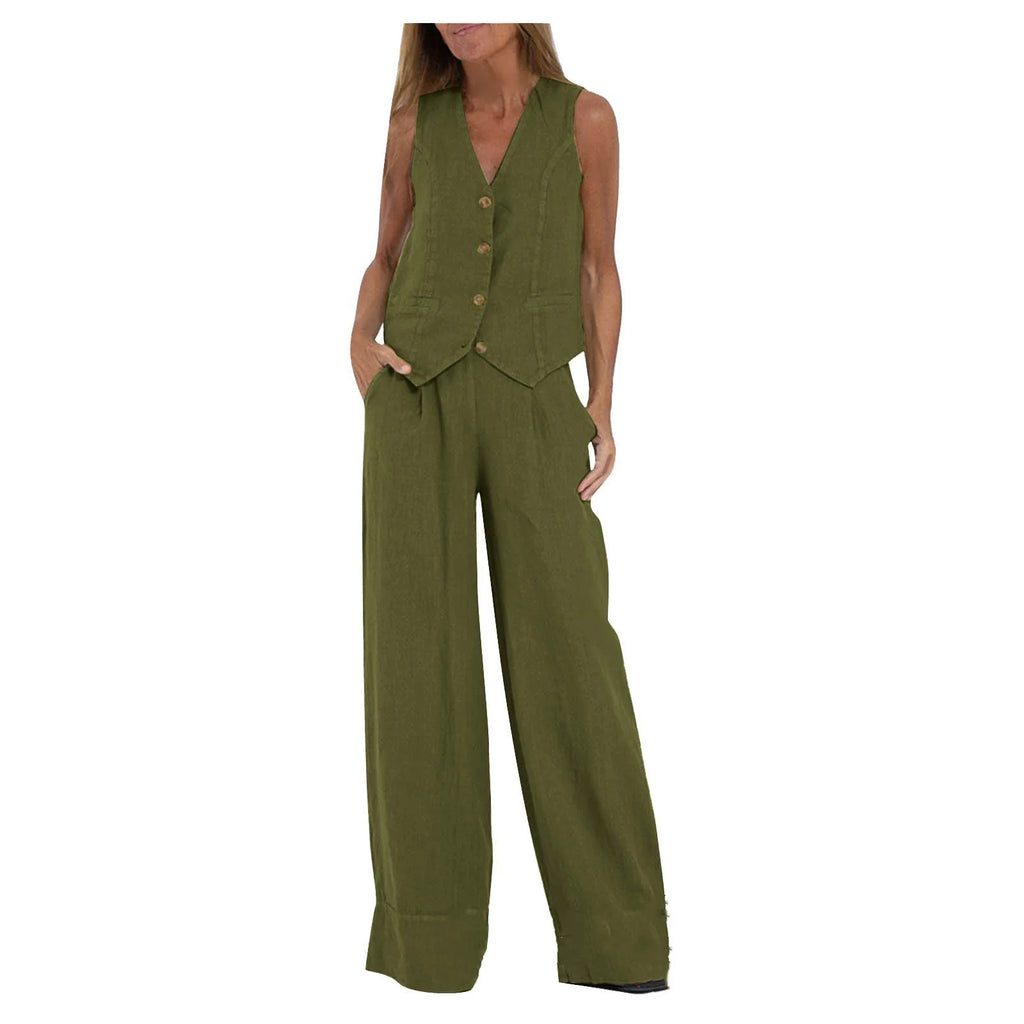 Fashion Patchwork Cotton Linen Vest Pants Casual Suit Women's High Waist Long Pants V-Neck Sleeveless Summer Outfit Set