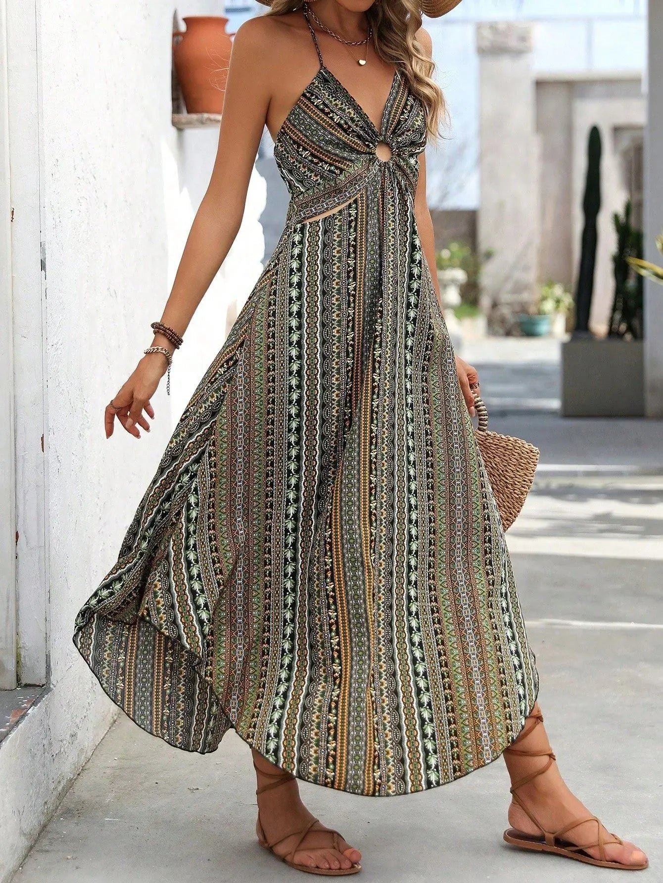 Women's Floral Print Tie Shoulder Dress, Boho Sleeveless Side Split Long Dress for Beach Holiday Vacation,