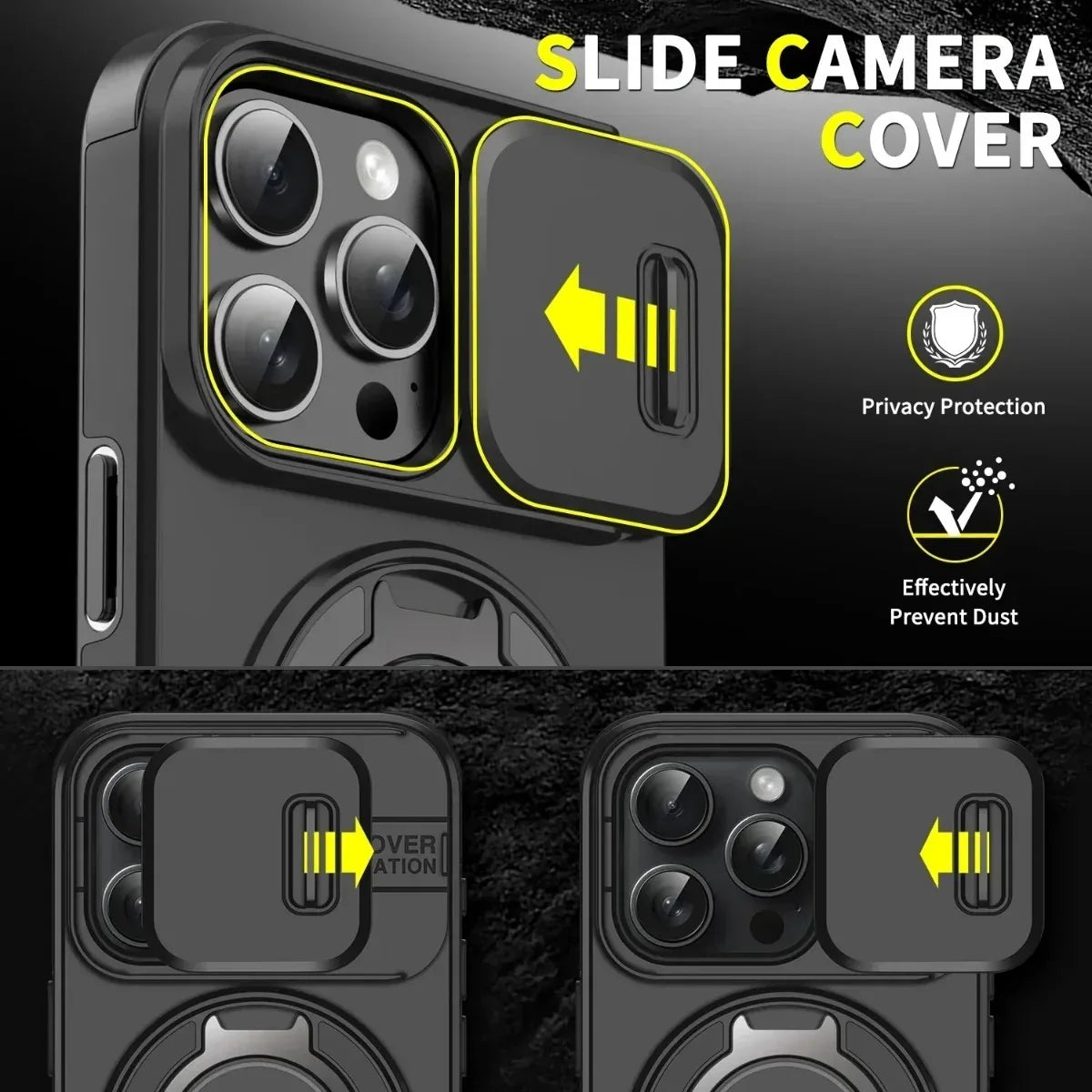 Armor Magnetic Bracket Case for iPhone 17 16 14 13 12 11 15 Pro Max Plus With Lanyard Slide Camera Protection Shockproof Cover