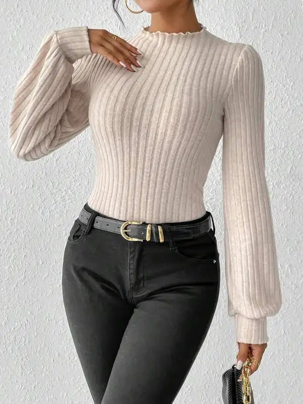 Ribbed Knitted Skinny Body Suit Top for Women Lantern Sleeve Women's wavy stand collar Bodysuit  2023 New Autumn Winter Outfits