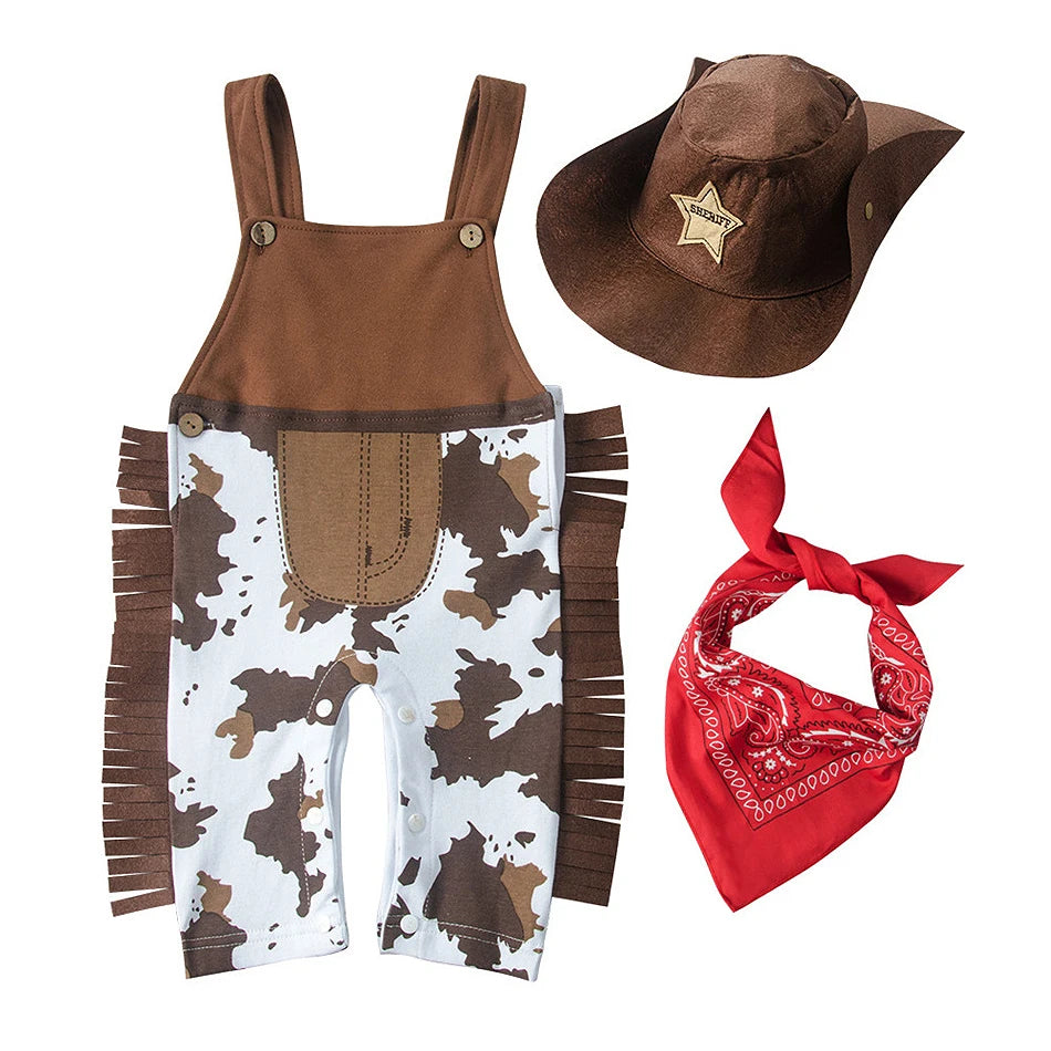 Infant Cowboy Cosplay Rompers Baby Boys Girls Strap Jumpsuits Hat Sets Toddler Festival Bodysuits Newborn Birthday Outfits