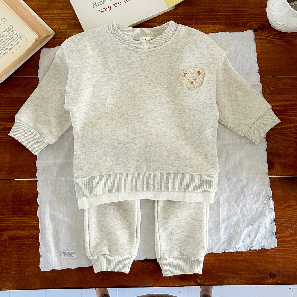 Baby Bear Embroidery  Fleece Pullover  Set  Sweatshirt Tops+Harem Jogger Pants Suits 2pcs Girls Boys  Lined Clothes