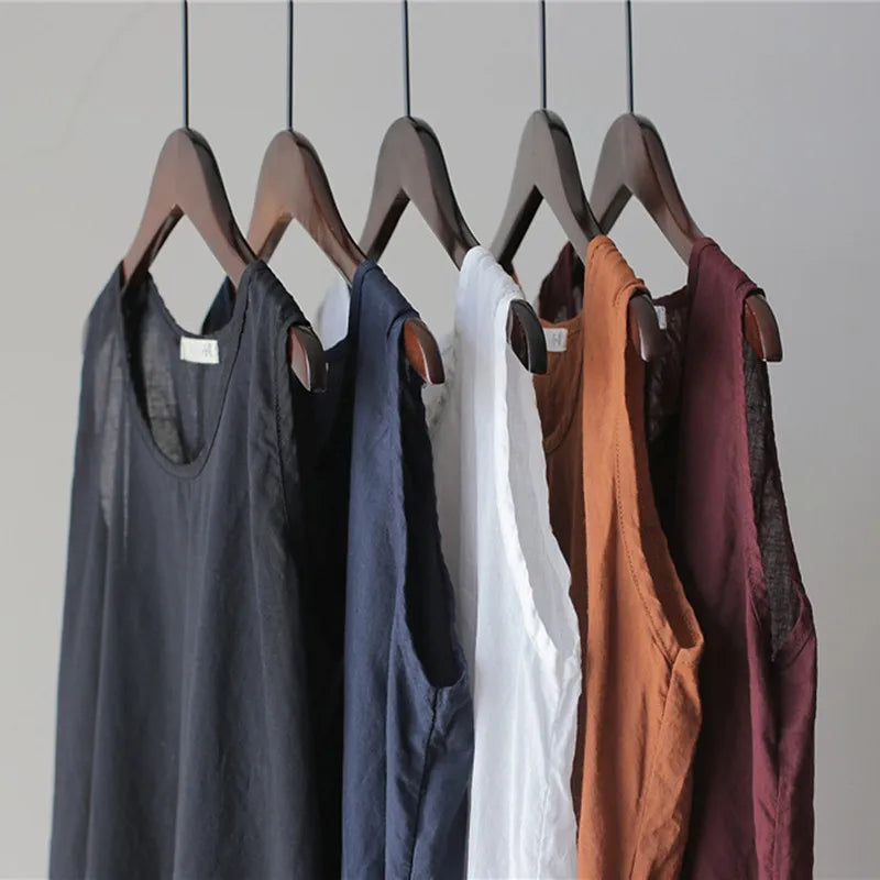 Johnature 2025 Summer 5 Colors Vintage Loose Dress Women Sleeveless Solid Color O-neck Thin Simple Render Comfortable Dress New