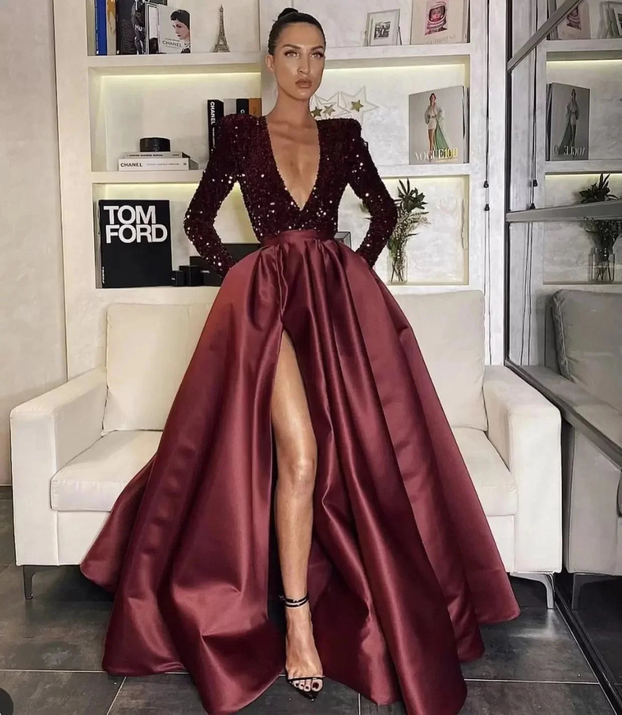 Cross-Border New Single Shoulder Long Sleeve Bead V-Neck Maxi Dress Evening Gown Slit Long Skirt Wide Hem Sparkling Split Dress