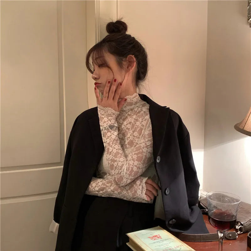 Women's Lace Base Shirt Hollow out Long Sleeve Half High Collar Mesh Top Fashionable Commute Style Korean Version White Color