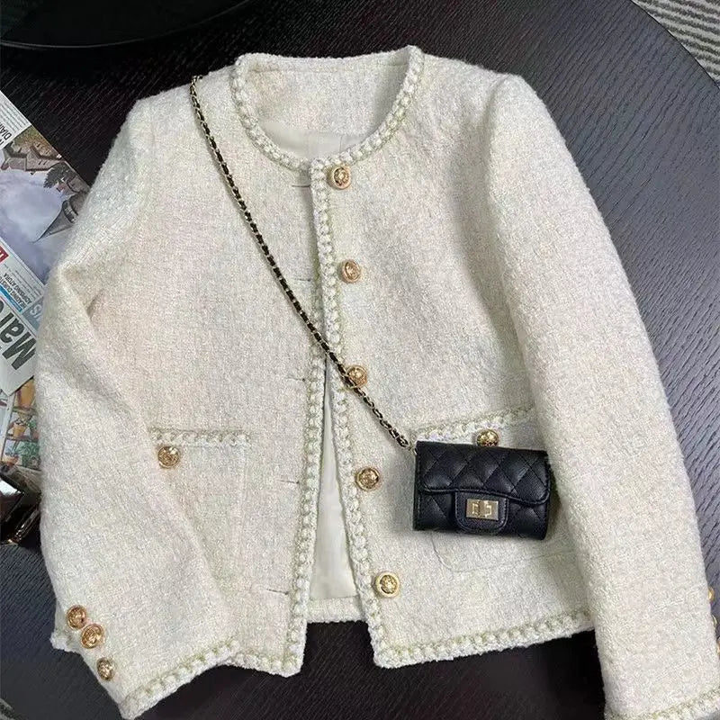 Spring Autumn Women Tweed Jacket Round Neck Woolen Temperament Korean Chic Short Coat Chic Tweed Blazer Outerwear Blazer Women