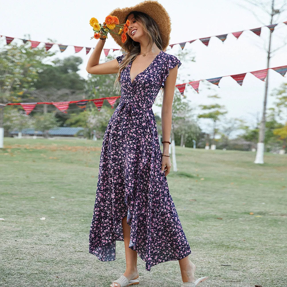 Women's Bohemian V Neck Tie Front Belted A-Line Swing Dress Beach Vacation Summer 2026 New