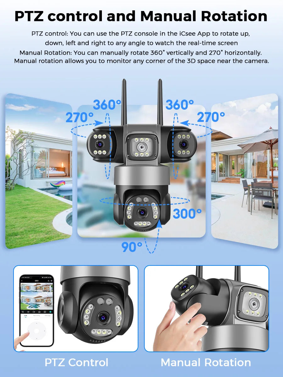 BESDER 15MP WiFi IP Camera PTZ Three Screens Outdoor CCTV Security Surveillance Camera Night Vision Monitor 3D Space iCSee App