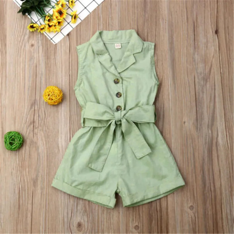 1-6years Baby Girl Sleeveless Romper Solid Navy Blue Beige Green Button Shorts With Belt Jumpsuit For Infant Girl Casual Overall