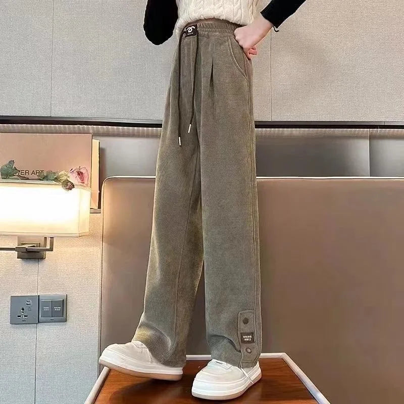 Girls Padded Wide-Legged Pants Kids Plus Velvet Warm Trousers Teen High Waist Streetwear Baggy Pant Children Loose Straight Pant