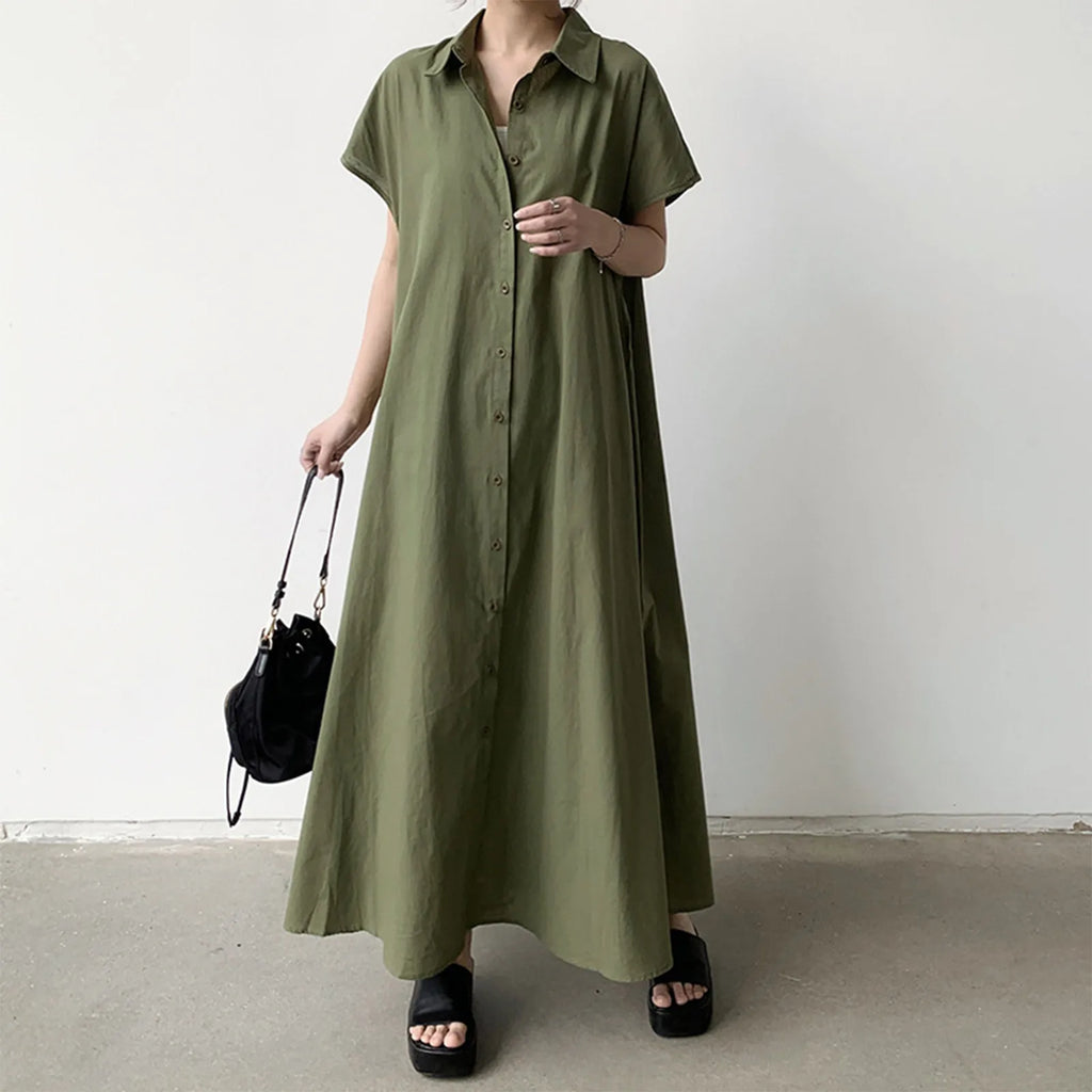 Women's shirt dress loose casual solid color lapel single-breasted short-sleeved dress summer long dresses vestidos femenino