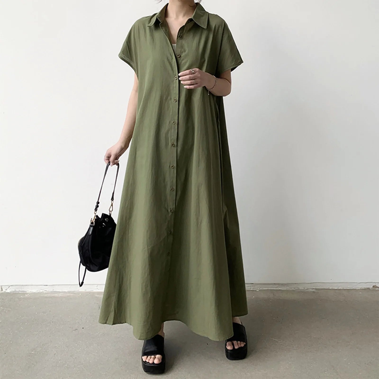 Women's shirt dress loose casual solid color lapel single-breasted short-sleeved dress summer long dresses vestidos femenino