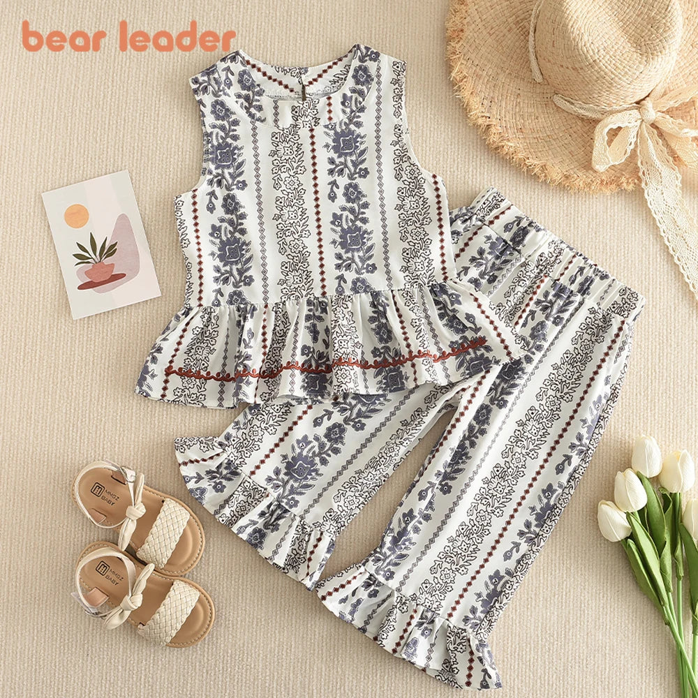 Bear Leader Korean Childrens Clothing 2025 Summer Girls Suit Girls Vest Pants Two-piece Children's Seaside Holiday Suit Exotic