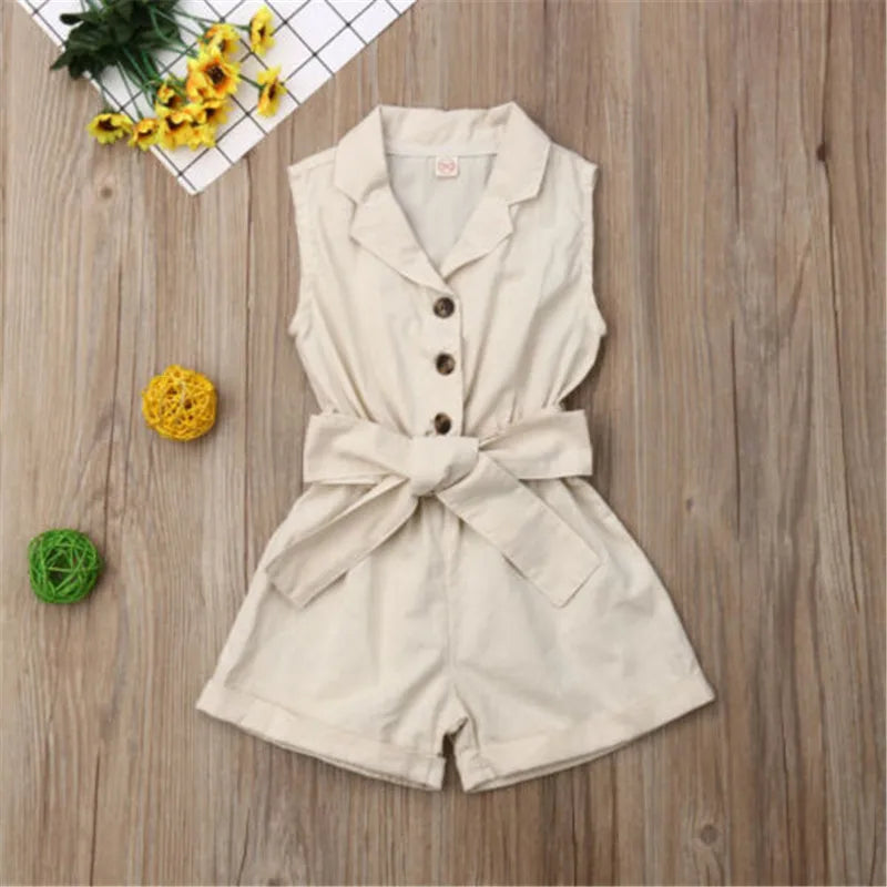 1-6years Baby Girl Sleeveless Romper Solid Navy Blue Beige Green Button Shorts With Belt Jumpsuit For Infant Girl Casual Overall