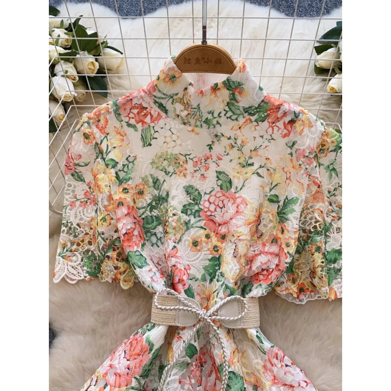 2025 New Dresses Women French Strap Waist High Neck Bubble Sleeve Hollow Hook Flower Lace A-line Short Vestidos