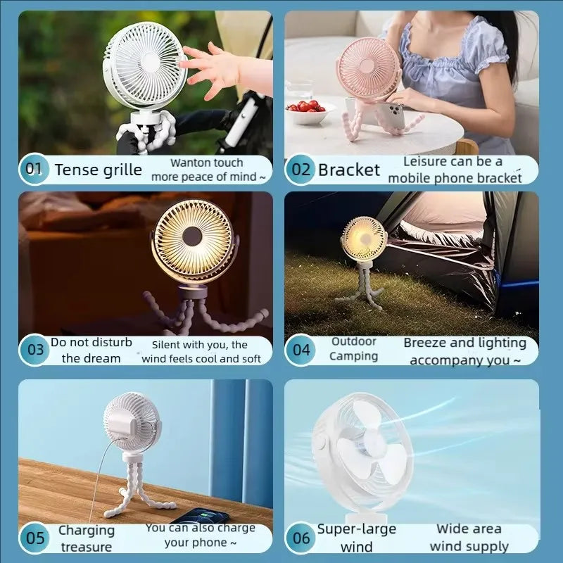 Multi Function Baby Stroller Fan Outdoor Flexible Tripod Clip Fan Usb Rechargeable Mini Portable Octopus Fan For Car Seat Crib