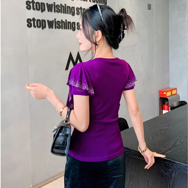 High Quality Summer Women's T-Shirt Fashion Casual V-NeckHollow Out Hot Diamonds Tees Female Ruffled Short Sleeved Mesh Tops
