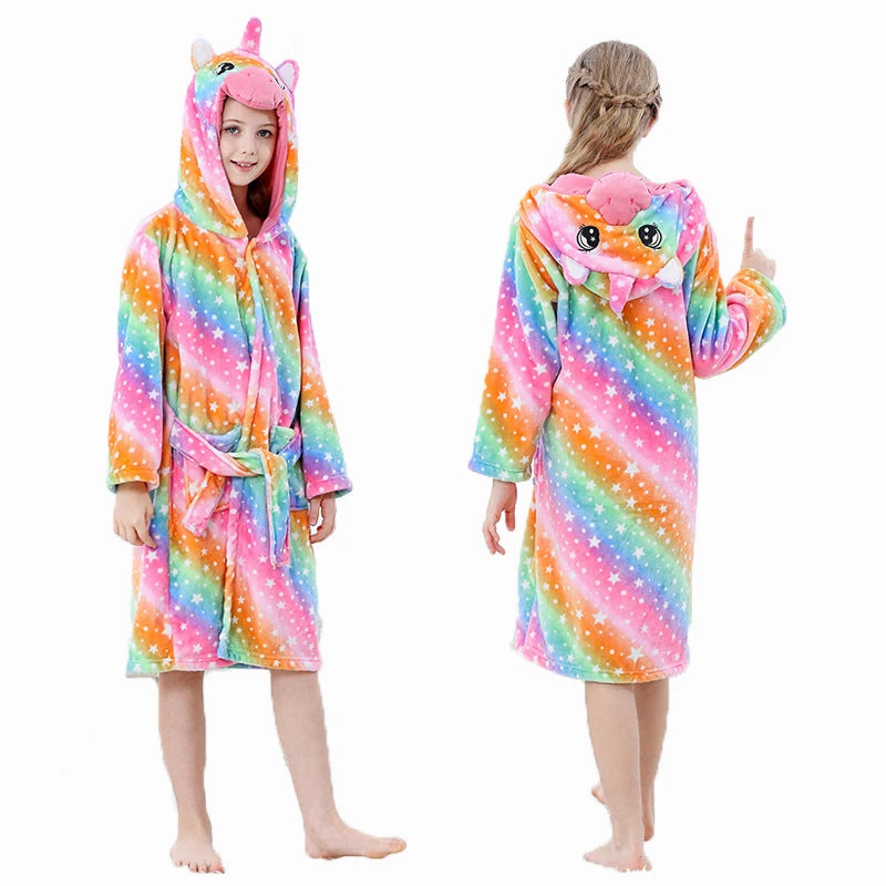 Kigurumi Dinosaur Bathrobes for Children 3 5 7 9 11 13 Years Kids Animal Flannel Homewear Boy Hooded Sleepwear Girls Nightgown