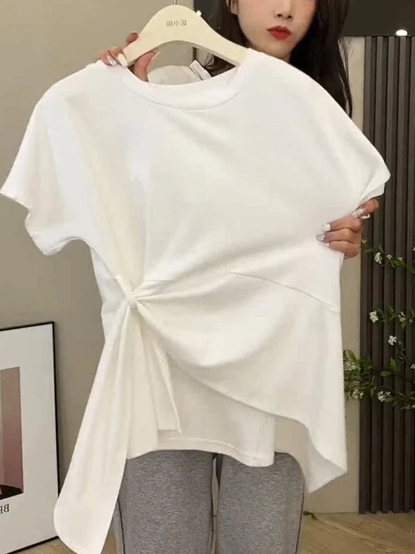 plus Size Women's Cotton T-Shirt Side Tie Waist Short Sleeve Asymmetrical Slit Summer Slimming Top Korean Style Casual Wear