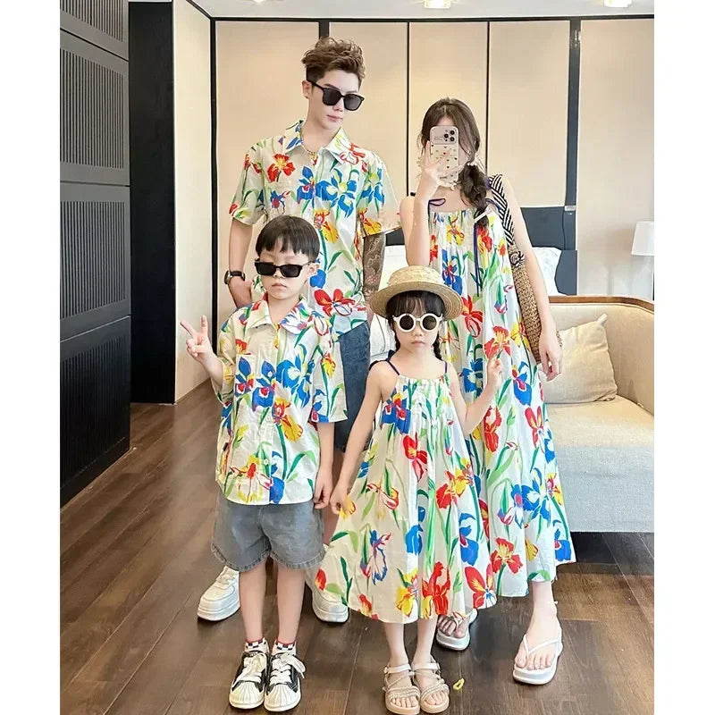 VacationClothes Korean Mommy and Daughter Resort Girl Dress Dad Son Boy Holiday Floral Shirts Couple Look Family Matching Beach
